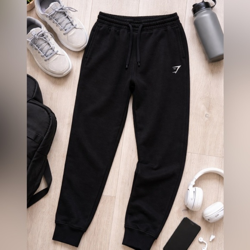 Gymshark‎ Black Jogger Sweatpants Logo Drawstring Fleece Men's Large gym wear